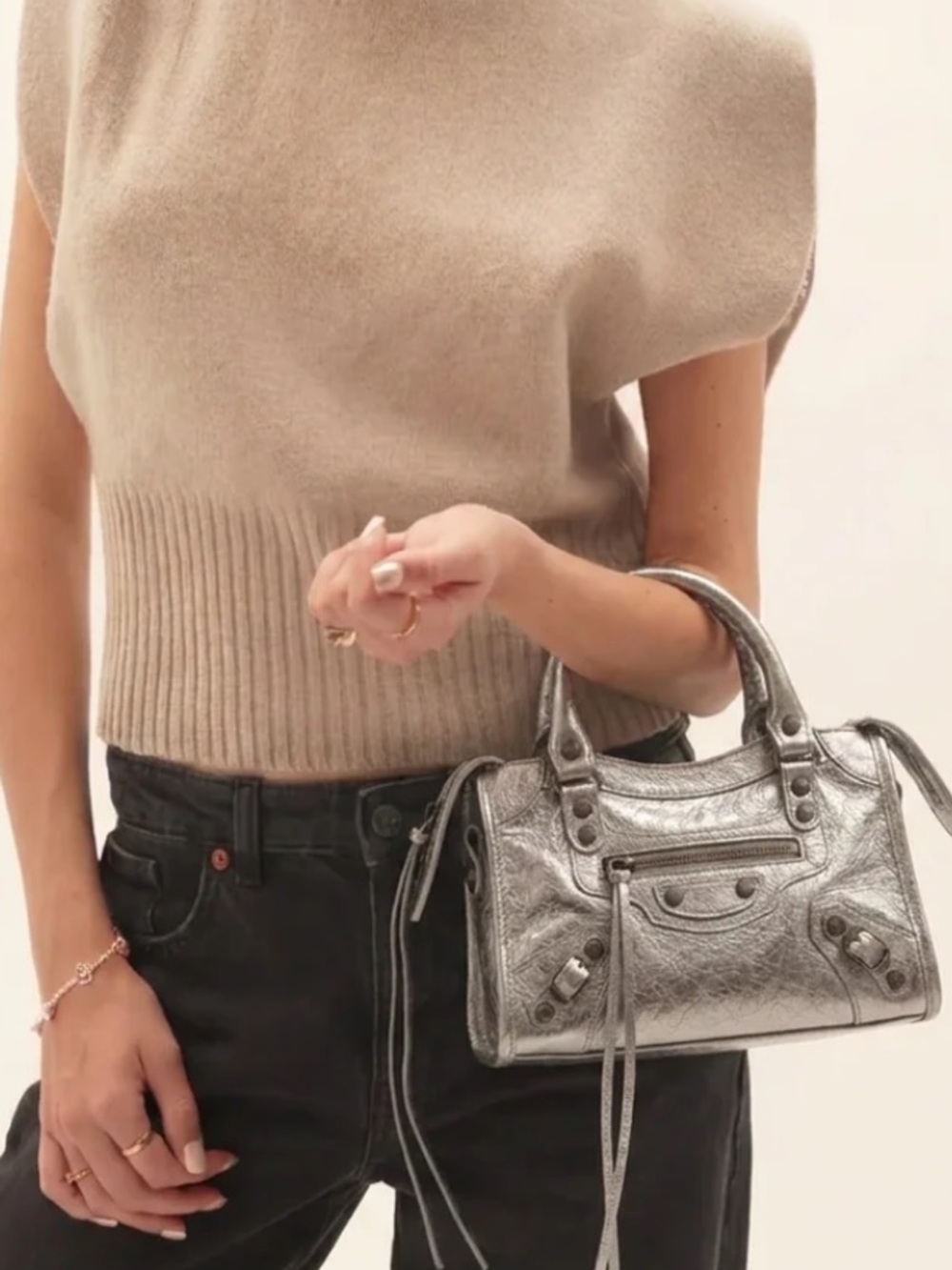Balenciaga (Exact “Look-A-Like”) Silver real Leather Mini City Satchel Bag
